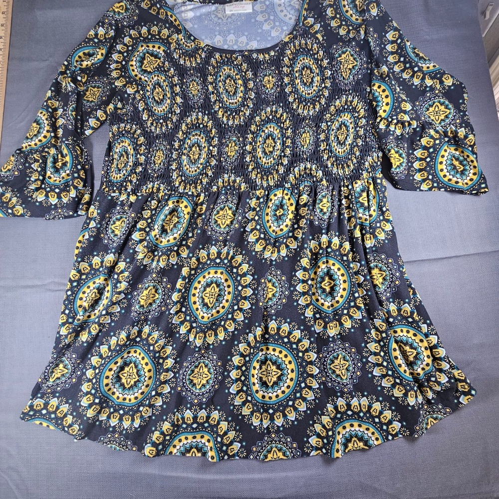 Bobbie Brooks Plus Size 2X Tunic Top Black Yellow Teal Medallion Print Blouse‎